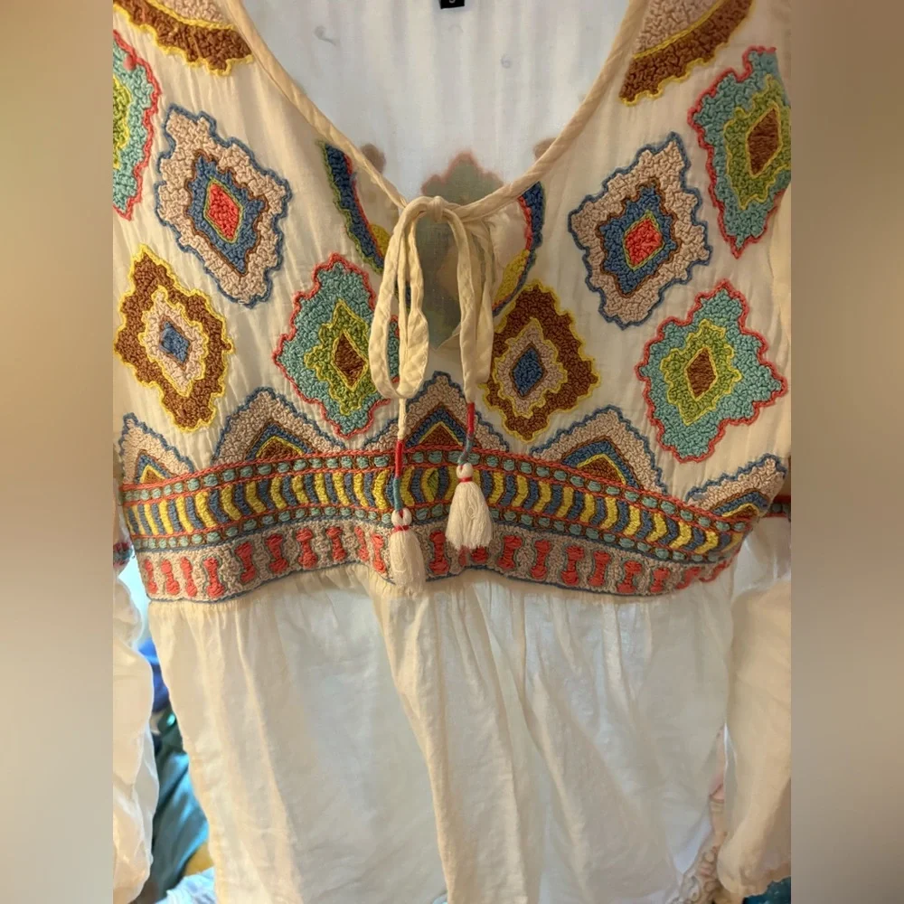 Embroidered Bohemian Blouse Oversized Comfy 100% Cotton Pastels - Picture 5 of 9